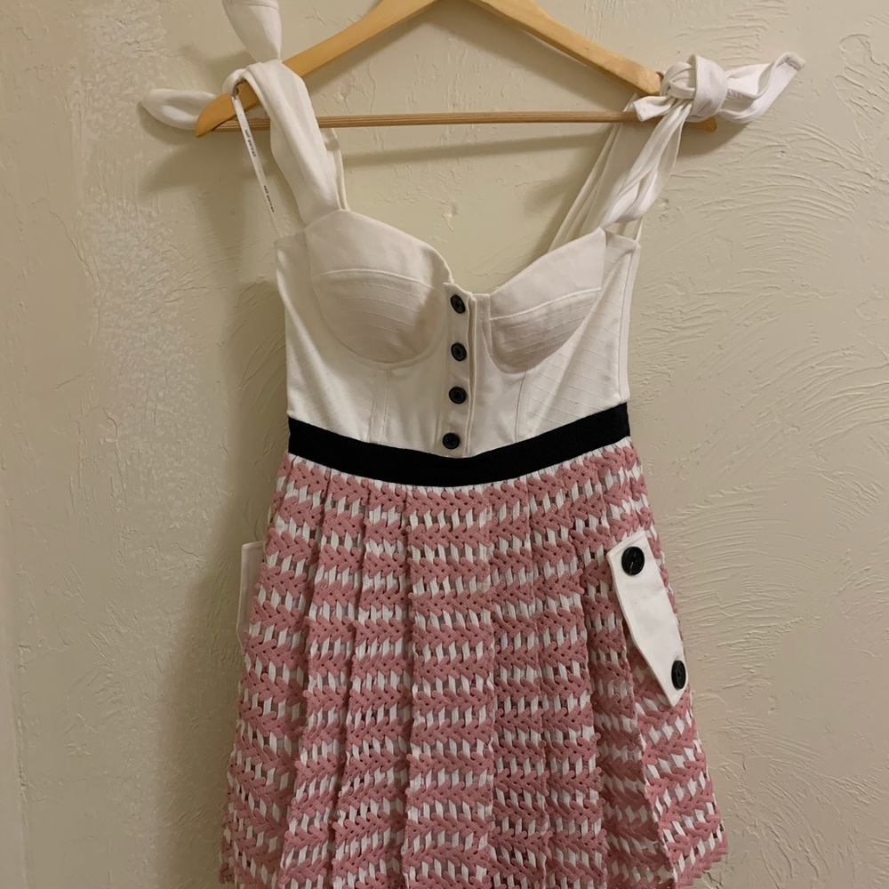 Self-Portrait White and Pink Tie-Shoulder Knit Fit-and-Flare Dress - Picture 3 of 5